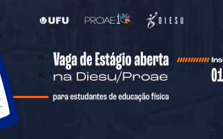 No canto esquerdo há uma prancheta azul, cobrindo parte de um halter e ao lado de uma anilha. No centro o título "Vaga de estágio aberta na Diesu/Proae. Para estudantes de educação física"