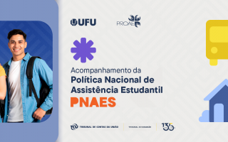 Acompanhamento da Política de Assistência Estudantil (PNAES) No canto esquerdo em um fundo roxo, há três jovens, sendo duas meninas e um menino. As meninas seguram cadernos, enquanto o rapaz expõe a bolsa. A direita o titulo "Acompanhamento da Política Nacional de Assistência Estudantil PNAES"