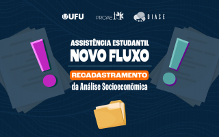 Ao lado esquerdo e direito há dois pontos de exclamação, no centro o título "Assistência Estudantil Novo Fluxo. Recadastramento da Análise Socioeconômica" abaixo do texto há uma pasta de arquivos.