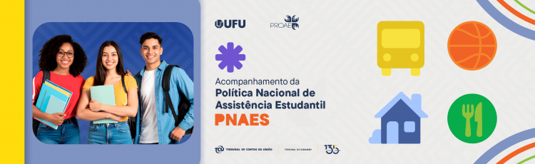 No canto esquerdo em um fundo roxo, há três jovens, sendo duas meninas e um menino. As meninas seguram cadernos, enquanto o rapaz expõe a bolsa. A direita o titulo "Acompanhamento da Política Nacional de Assistência Estudantil PNAES"